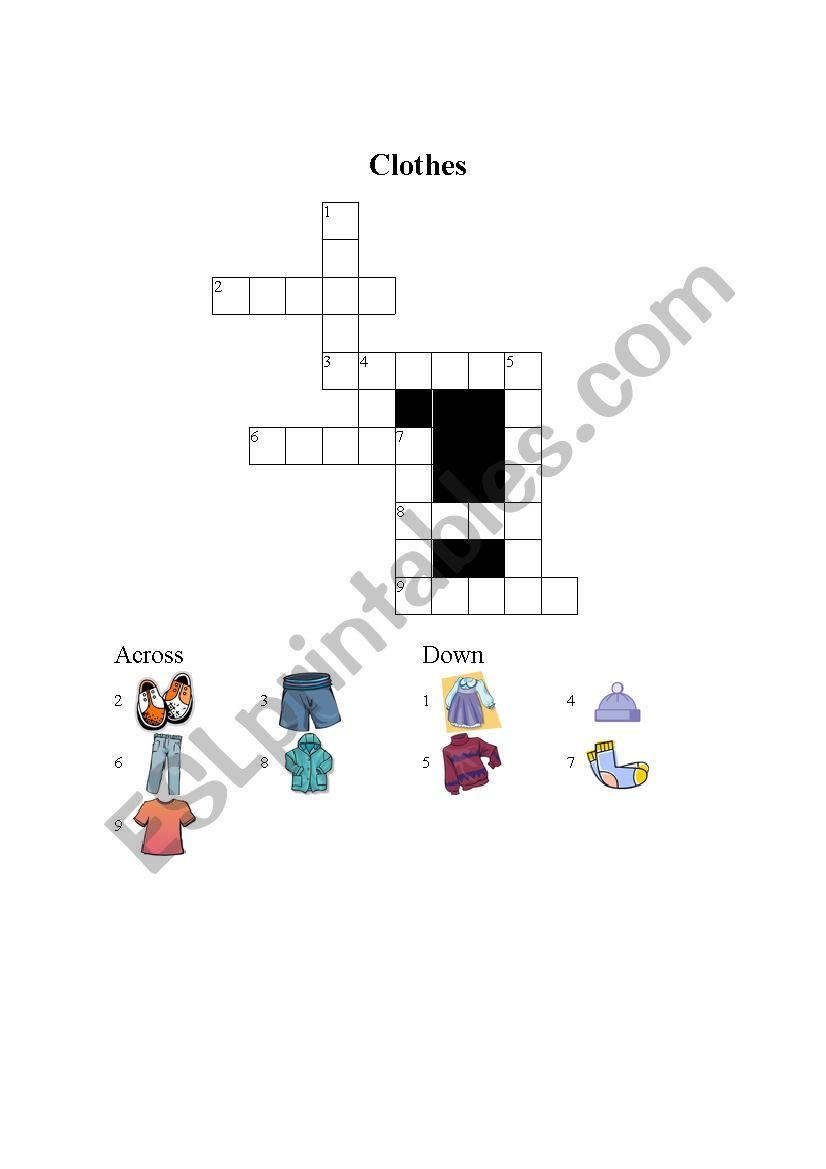 Clothes crossword worksheet