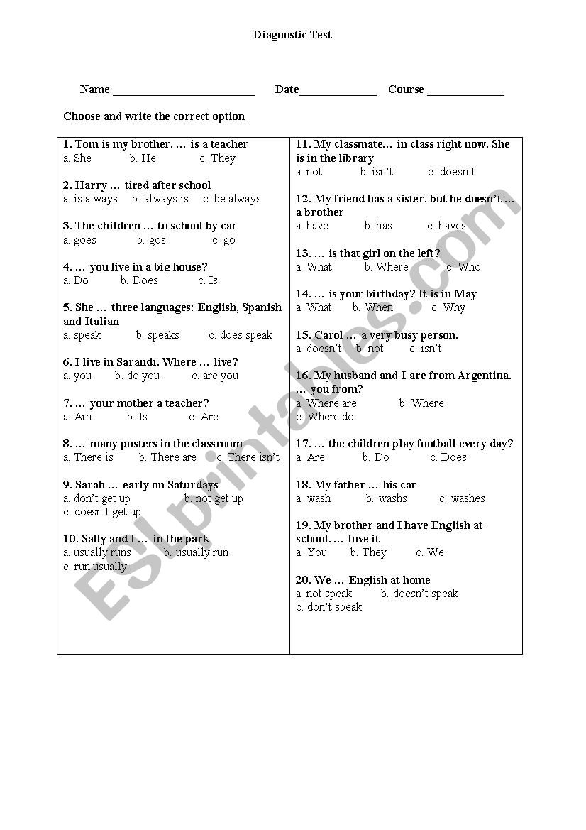 Multiple choice diagnostic test