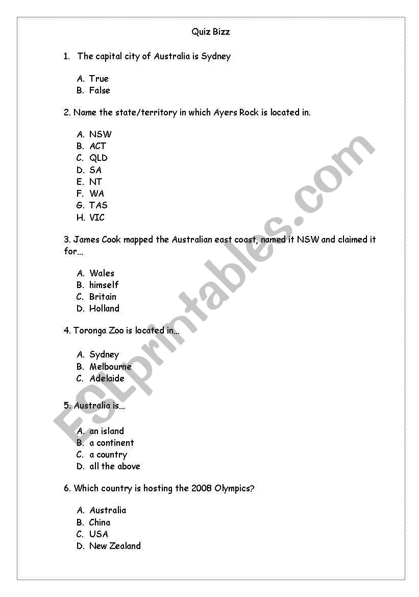 Australia Quiz worksheet