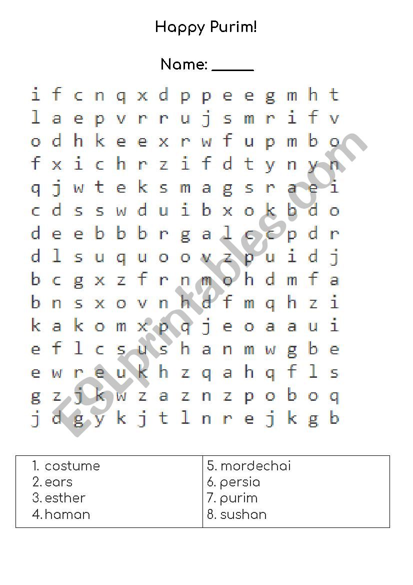 Purim Crossword ESL worksheet by solsmith