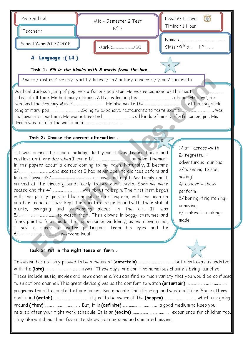 Mid-Semester 2 test n°2 9th form - ESL worksheet by marane