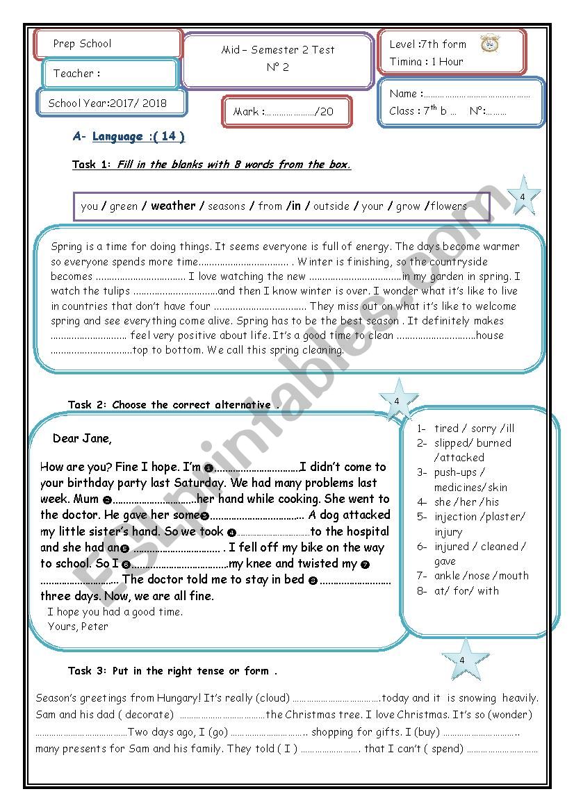 Mid-Semester 2 test n°2 7th form - ESL worksheet by marane