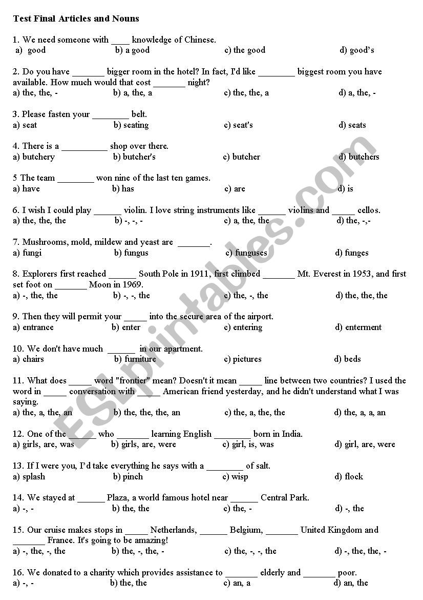Test Nouns and Articles worksheet