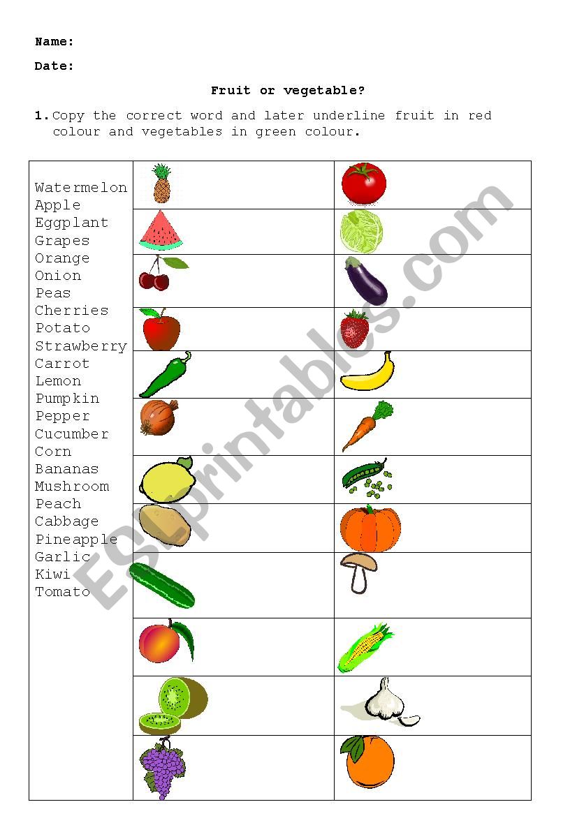 Fruit or vegetable? worksheet