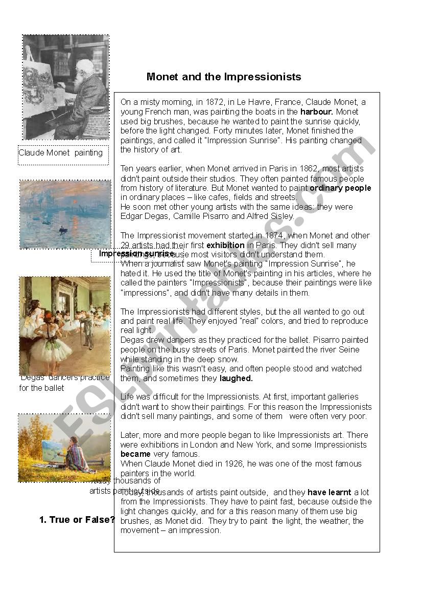 Monet and the Impressionists worksheet