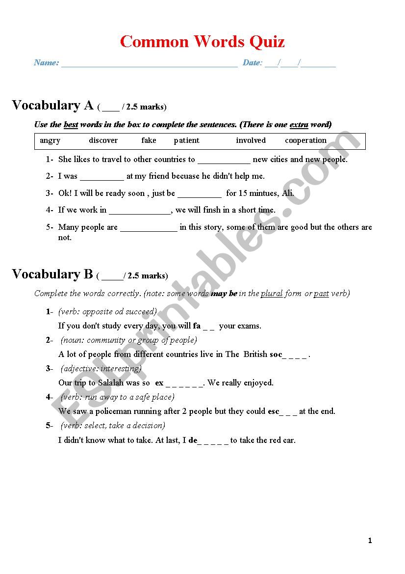 Common Words Test (Set 1) worksheet