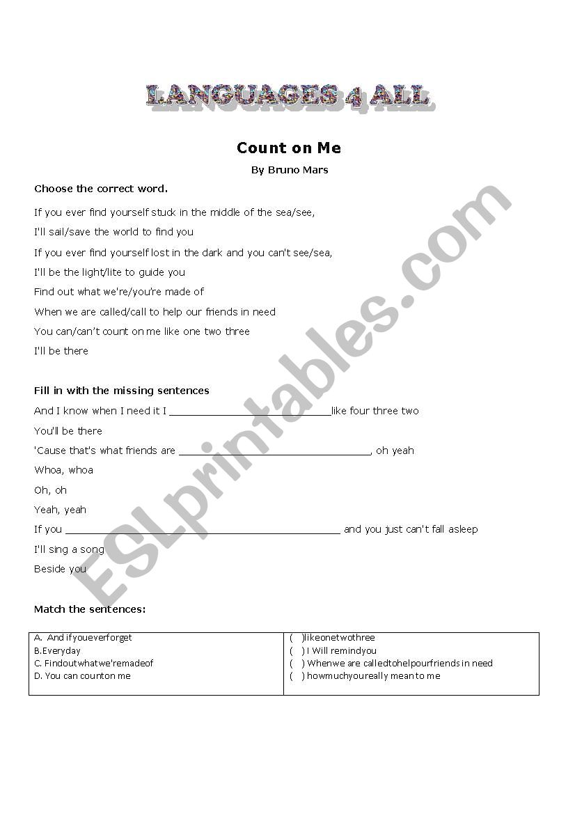 Song - Count on Me worksheet