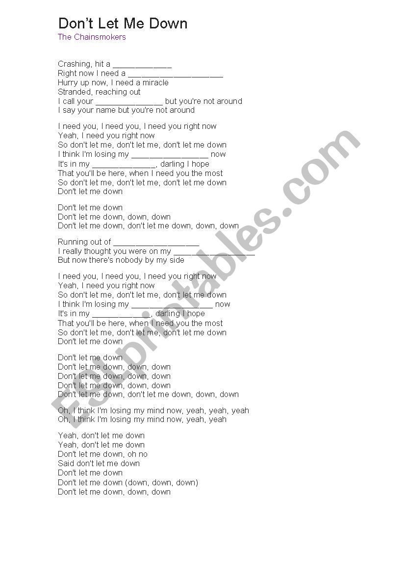 Don T Let Me Down Esl Worksheet By Marcella6584