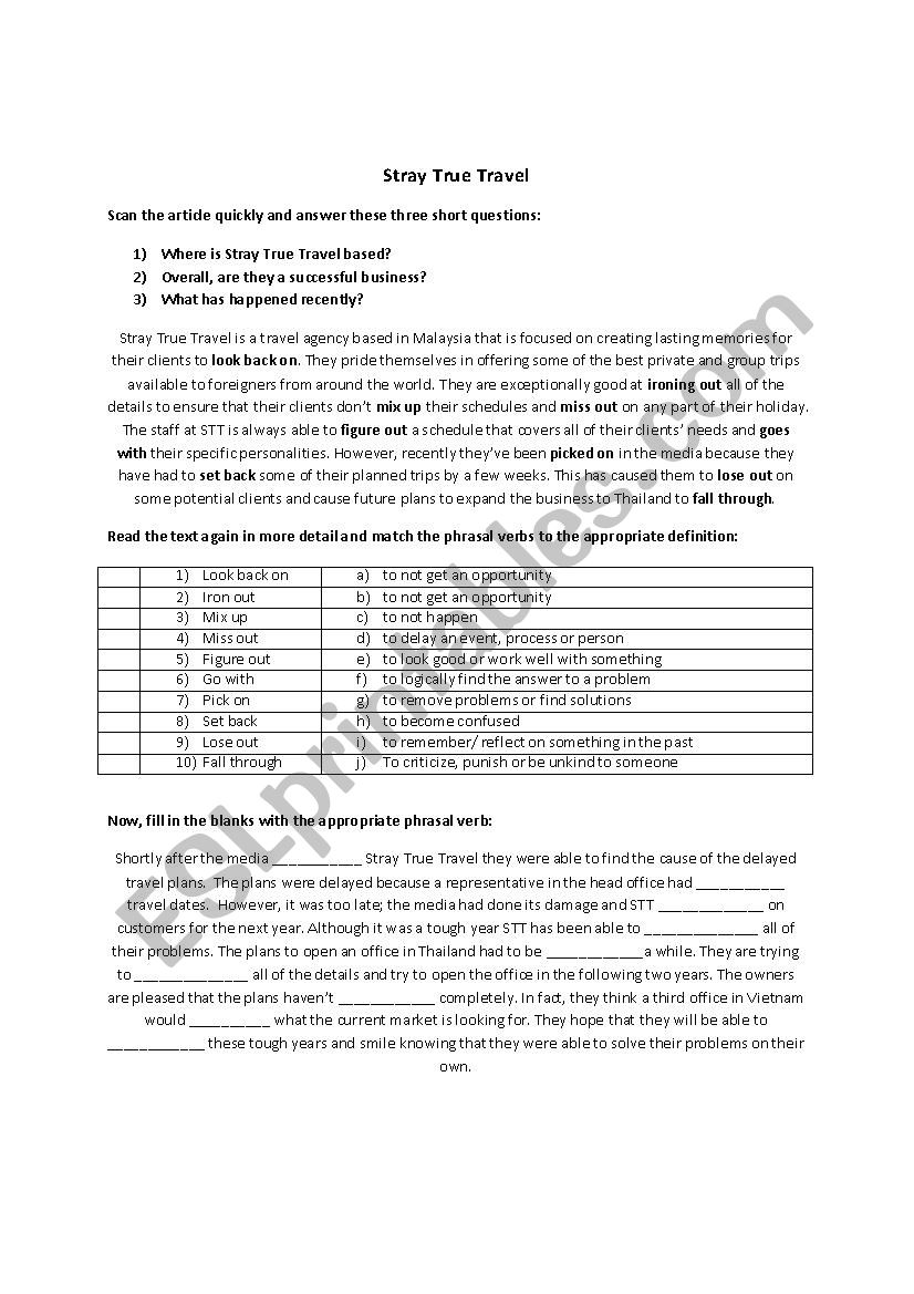 Tourism- Phrasal Verbs worksheet