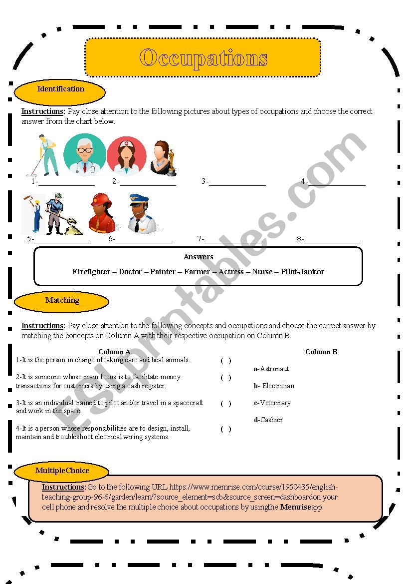 Occupations worksheet