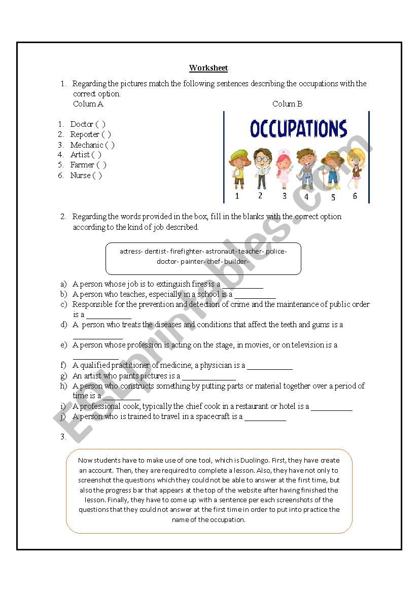 Occupations worksheet - ESL worksheet by Baires23