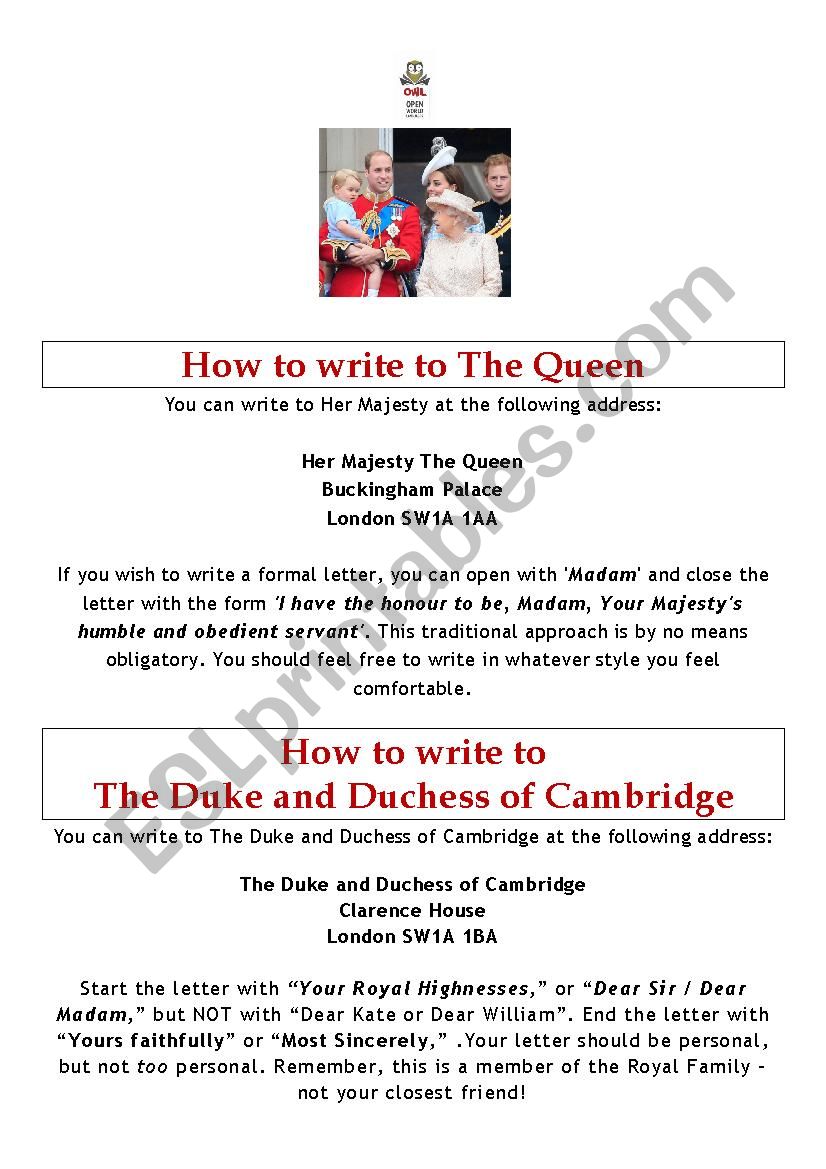 How to Write to the Queen worksheet