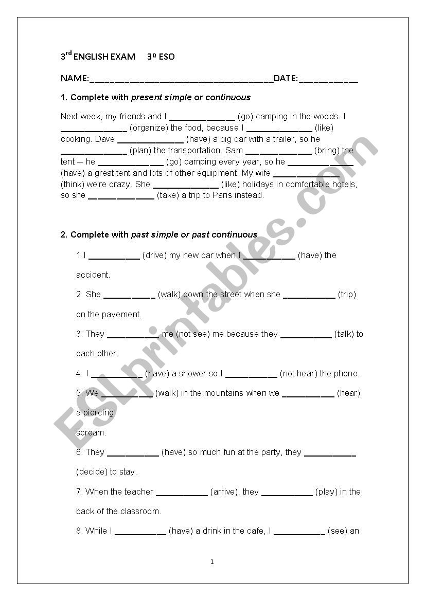 ENGLISH EXAM 3 ESO worksheet