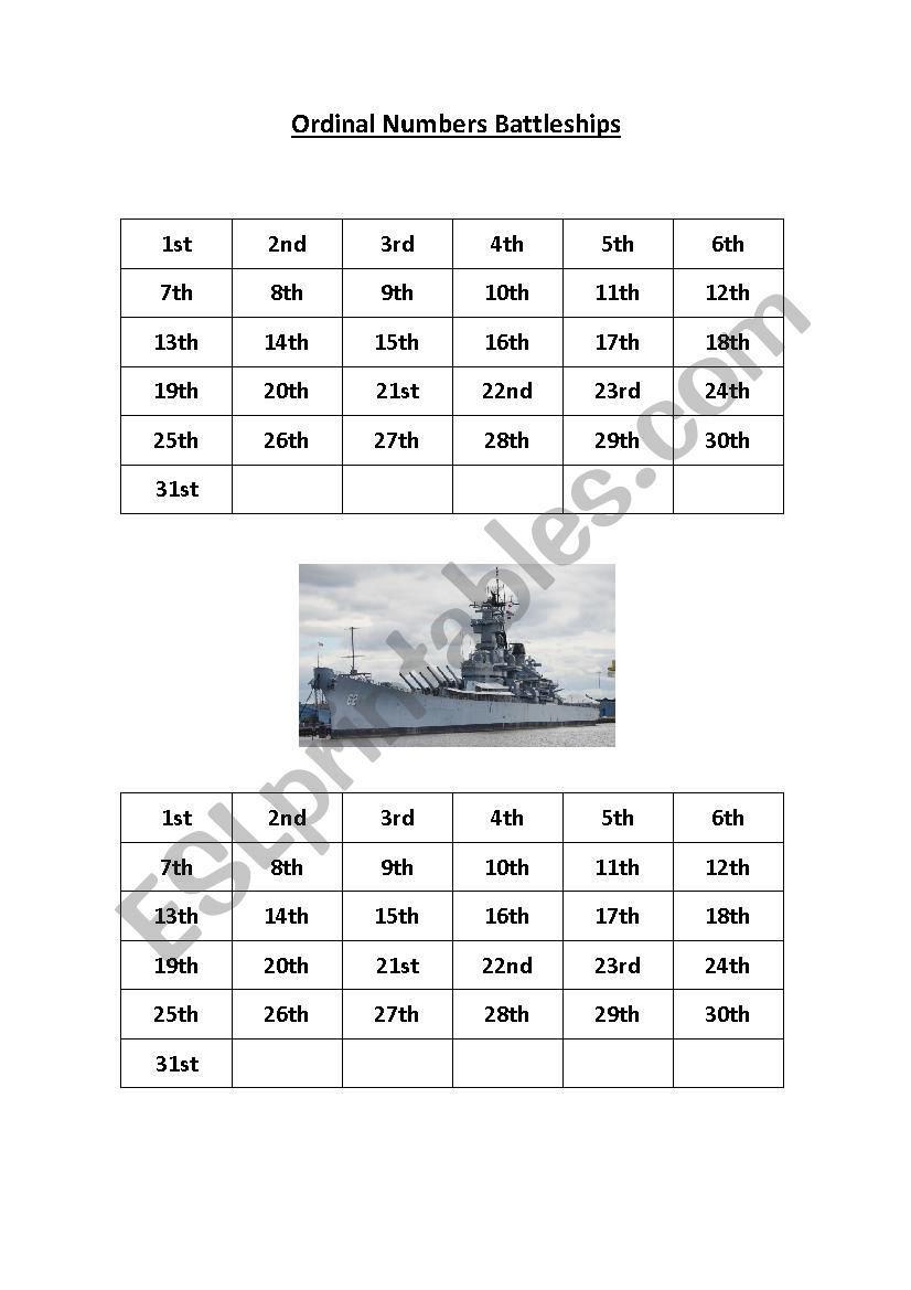 Ordinal Numbers Battleships worksheet