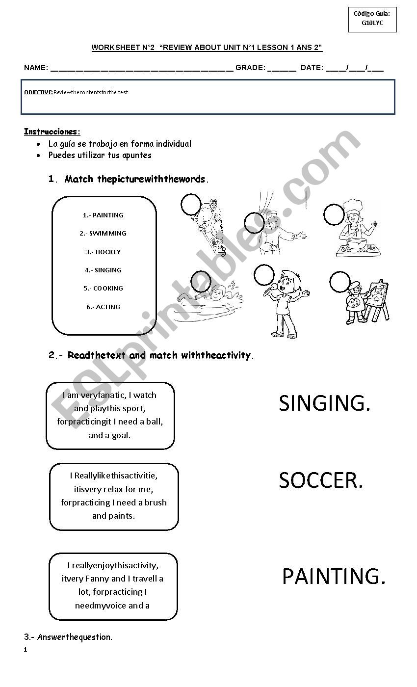 action and school subjects worksheet