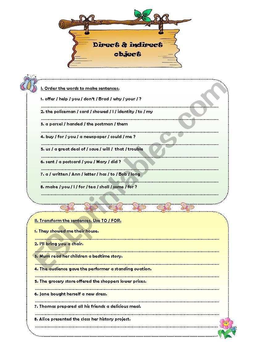 Direct Indirect Object ESL Worksheet By Eveline10