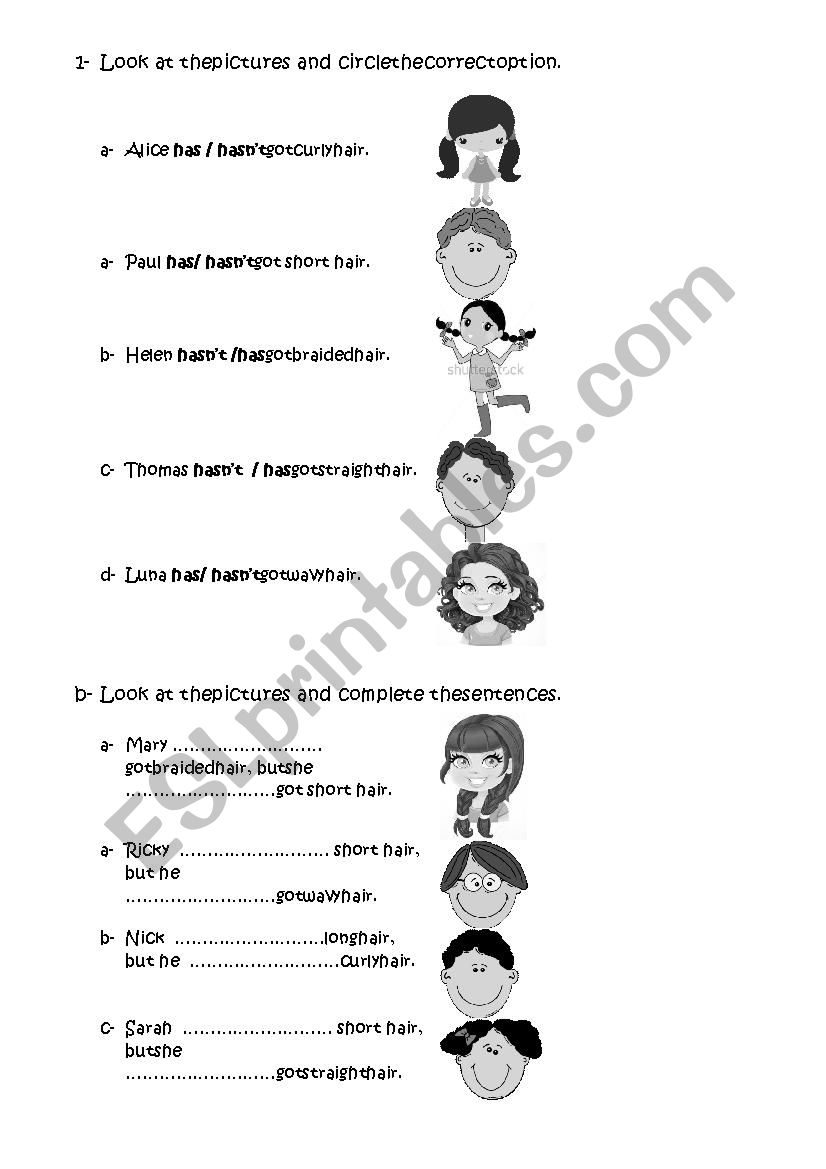 Hair has and hasn´t got - ESL worksheet by mariaelisacarneiro