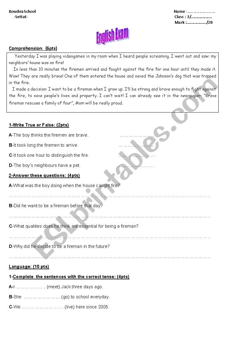 English exam worksheet