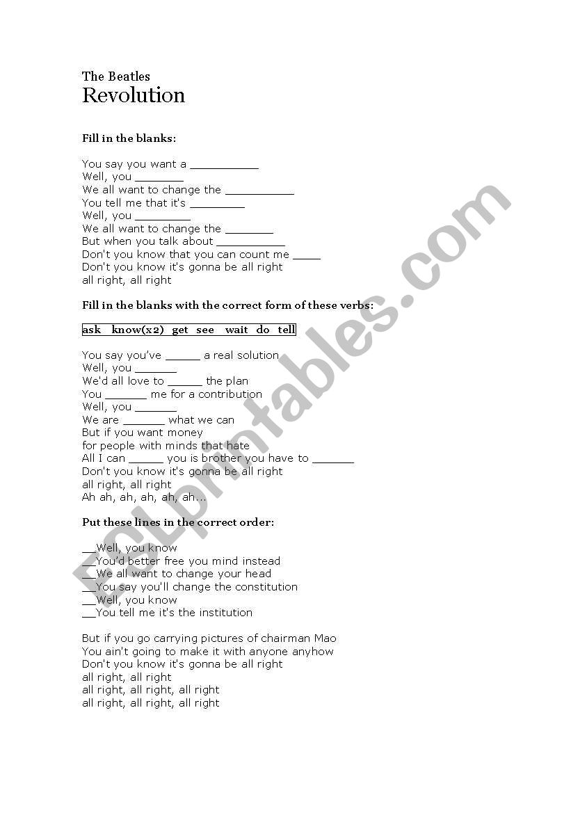 Revolution (The Beatles) worksheet