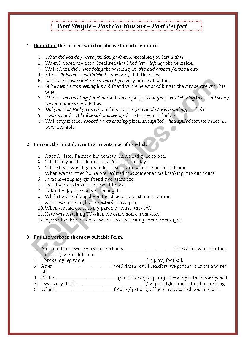 Past Simple-Past Continuous-Past Perfect - ESL worksheet by lucyblue