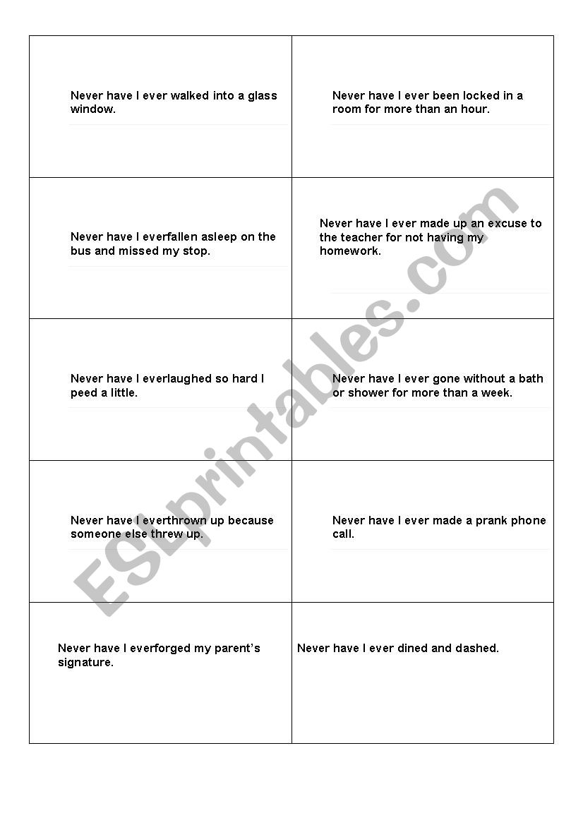 Never have I ever game cards - ESL worksheet by Bonca