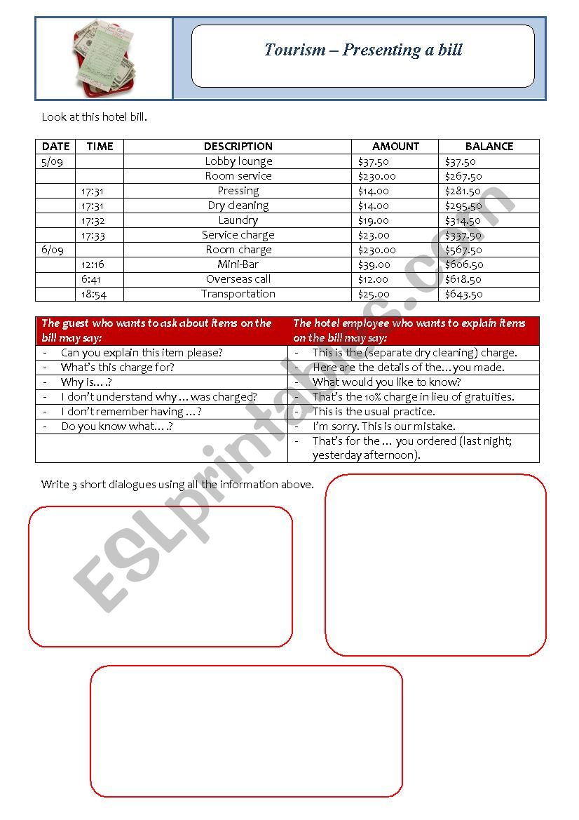 Tourism  Presenting a bill worksheet