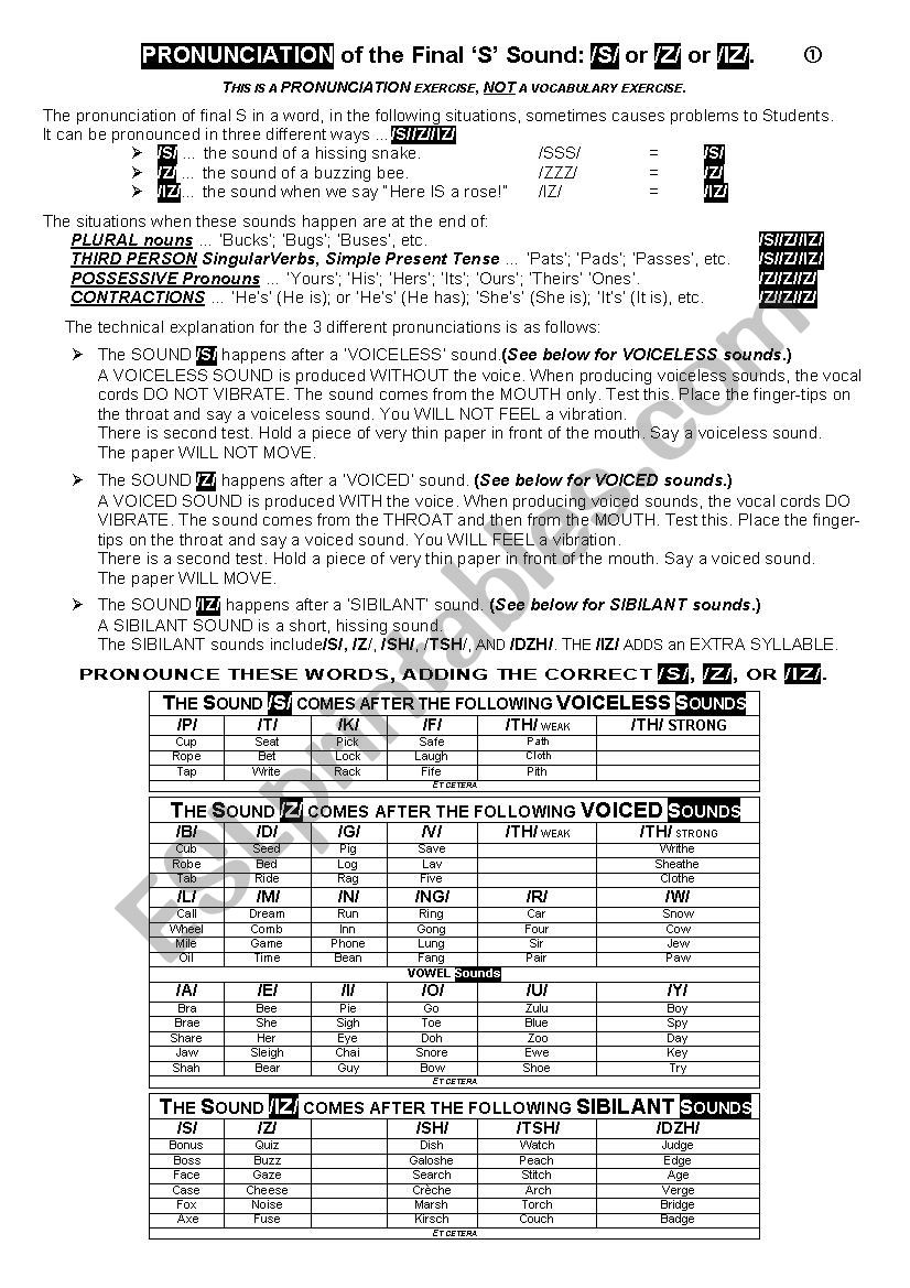 Pronunciation 003 Final ´s´ S Z Iz Esl Worksheet By Ldthemagicman 1361