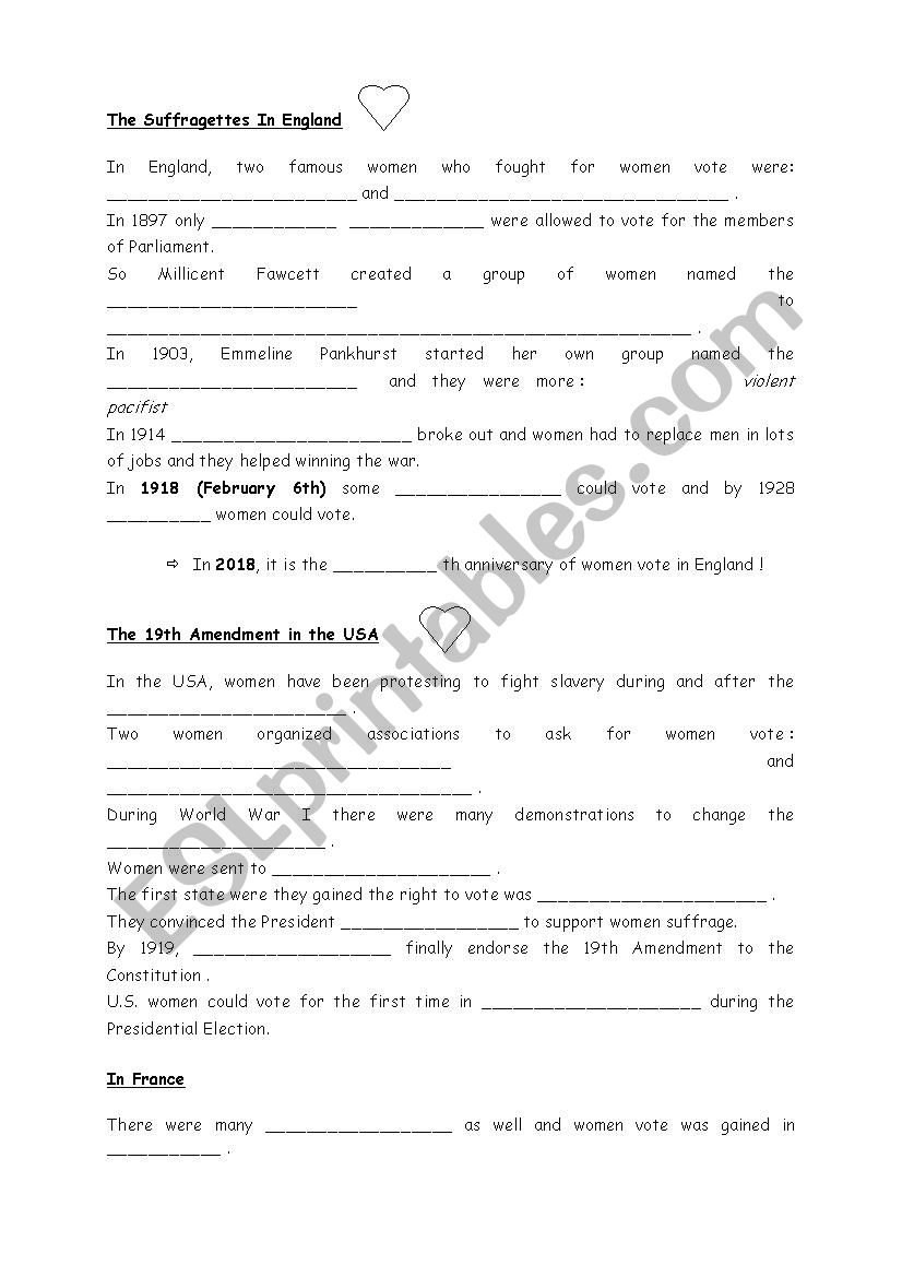 Women´s suffrage in the UK USA and FR - ESL worksheet by MB-W