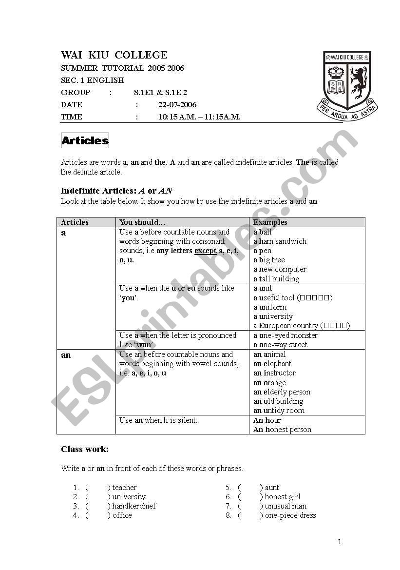 Articles worksheet