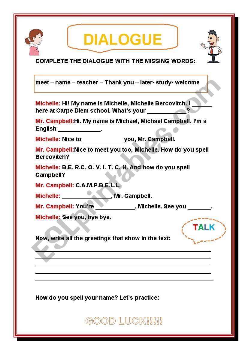 Dialogue ESL Worksheet By Dnzambon