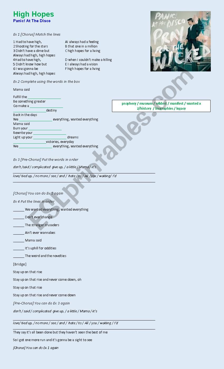 High Hopes Panic At The Disco Esl Worksheet By Ari 13 - high hopes panic at the disco roblox id