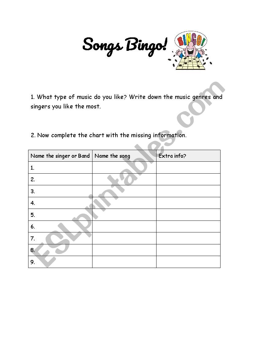 Songs Bingo worksheet