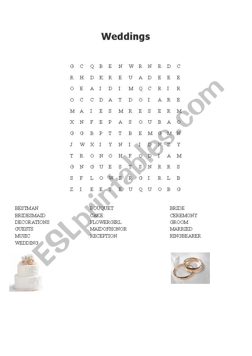 Weddings vocabulary wordsearch 