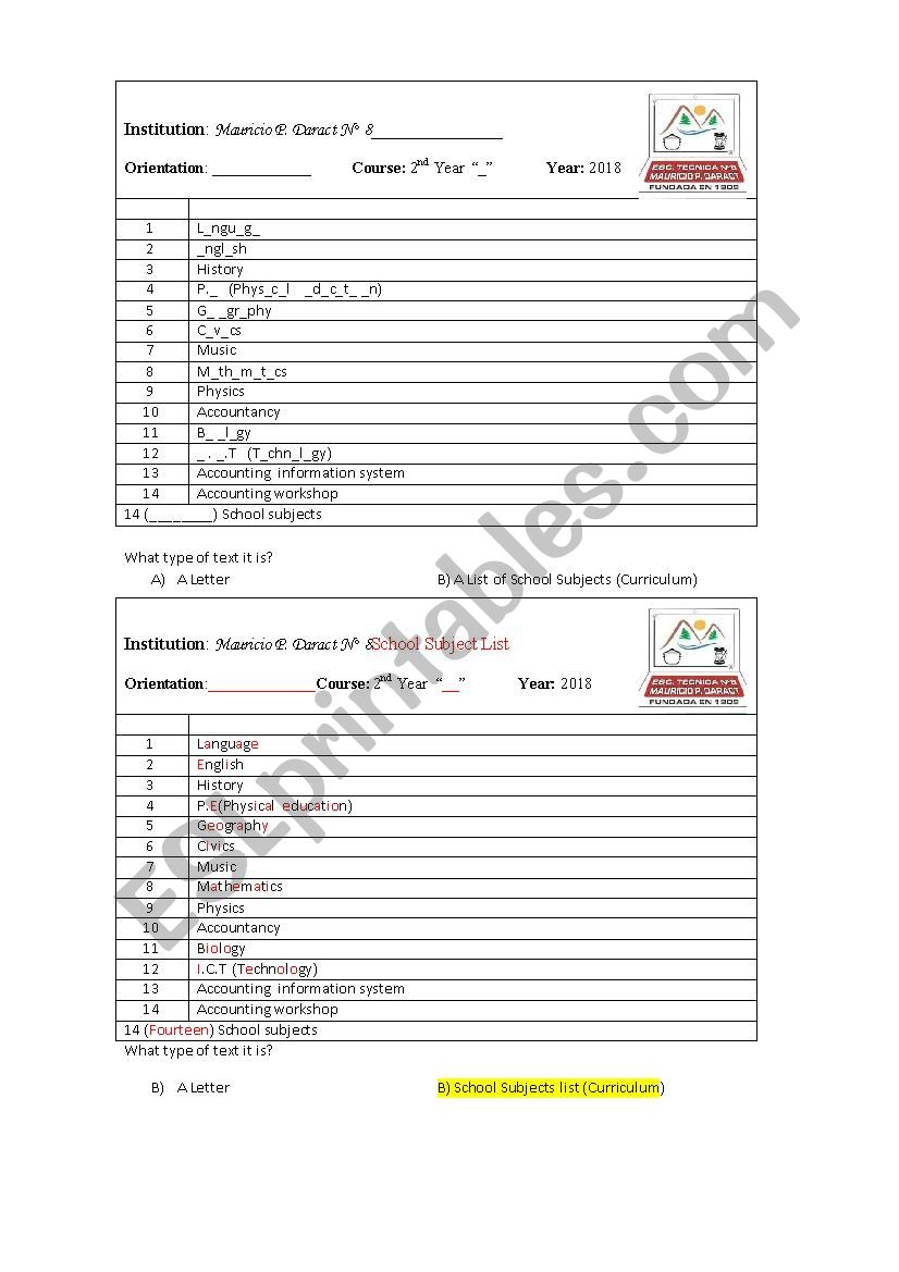 School subjects worksheet