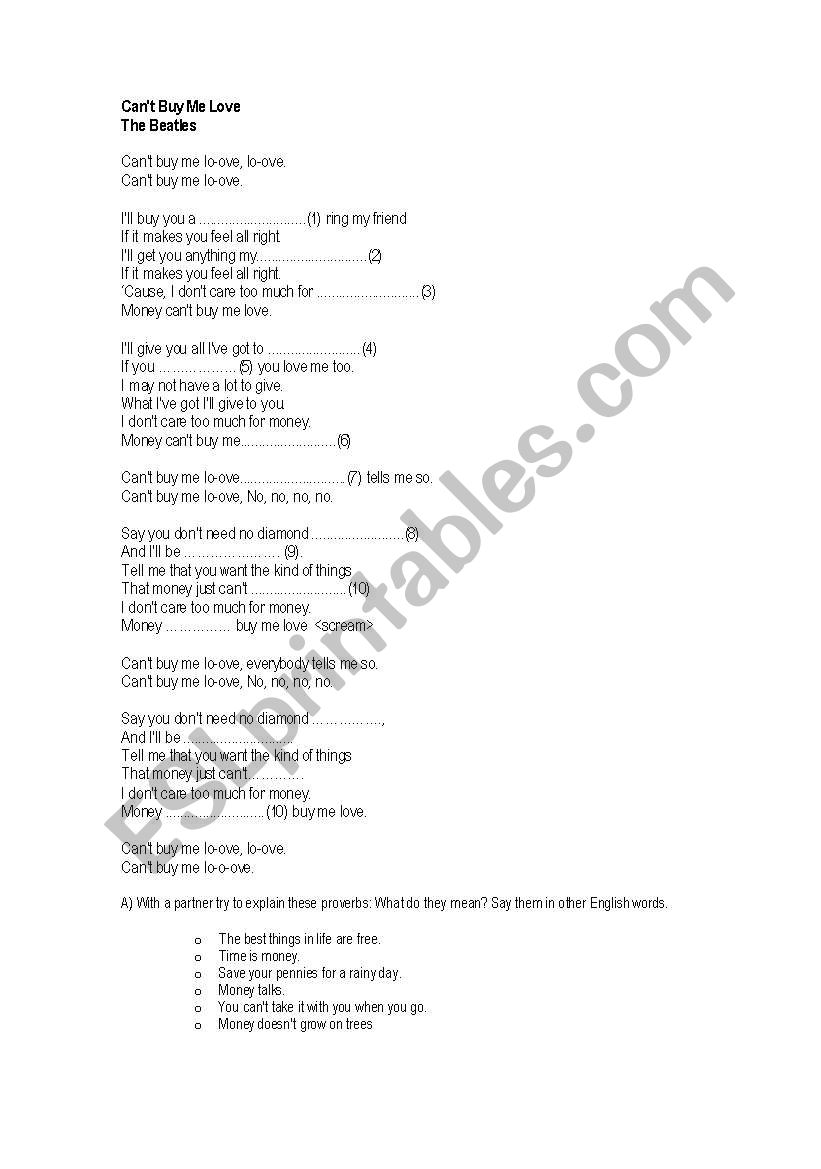 SONG - CANT BUY ME LOVE  worksheet