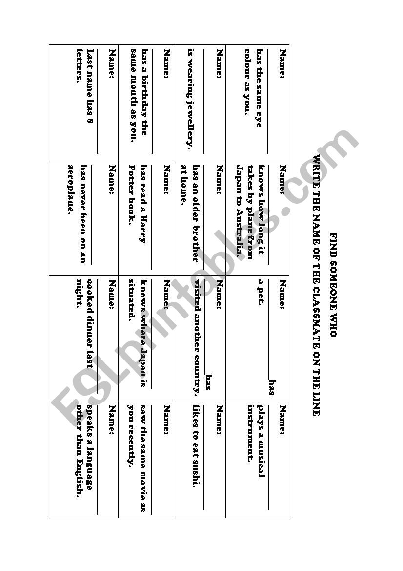 Find Someone Who Warm Up worksheet