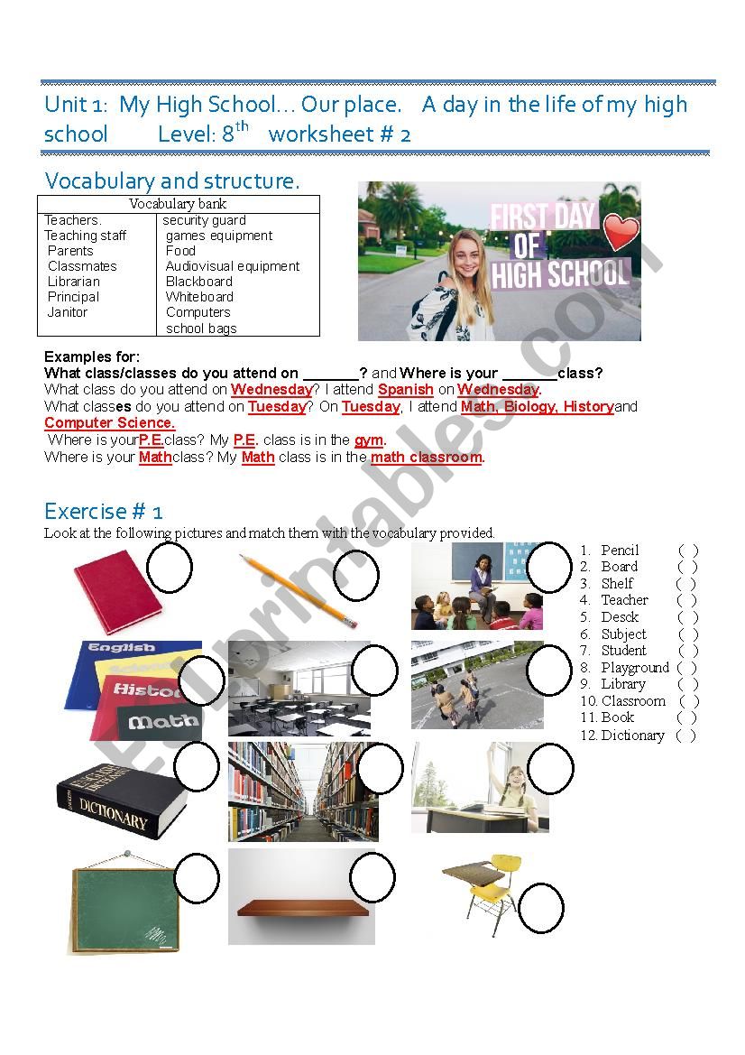 My High SchoolOur place worksheet