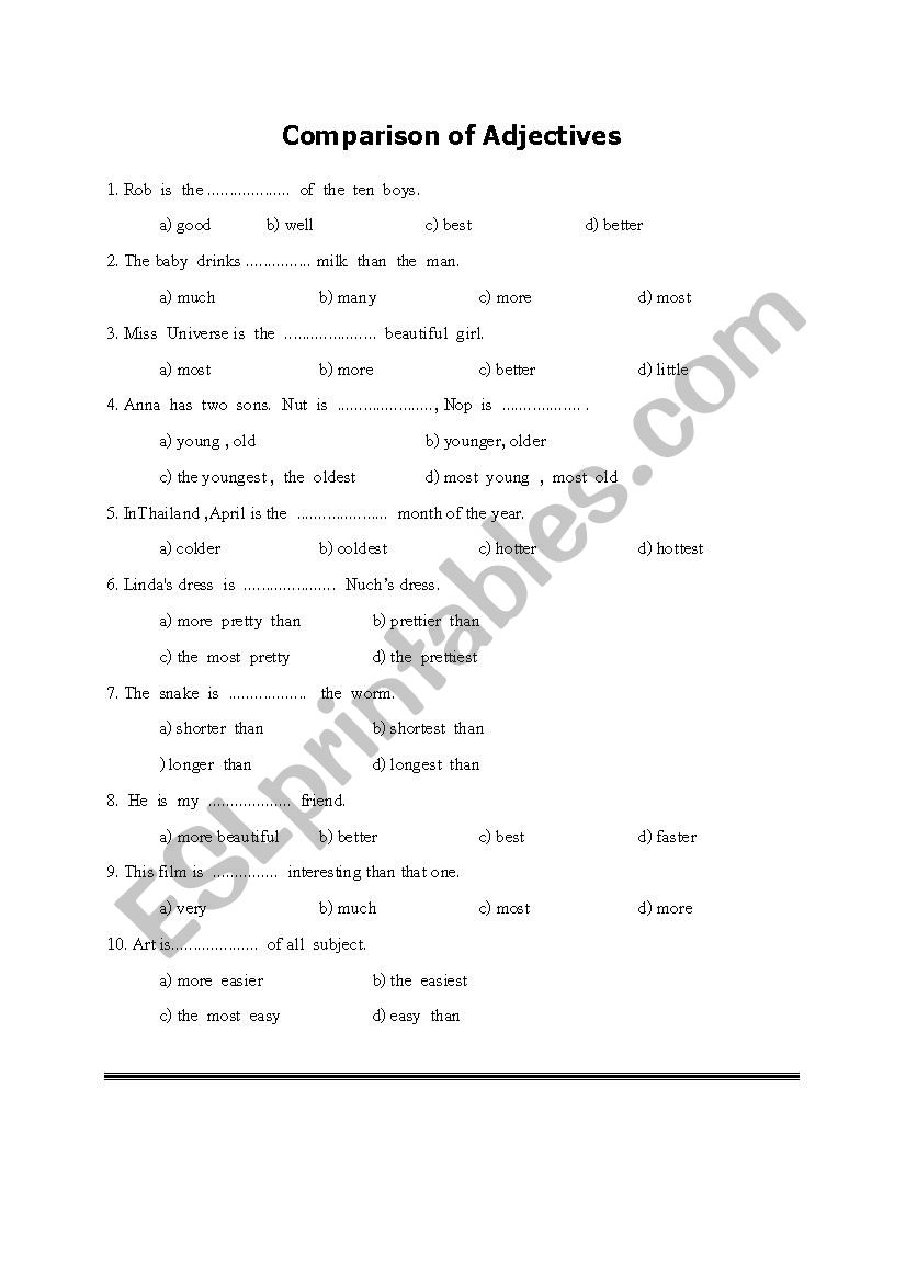 Comparison of Adjective worksheet