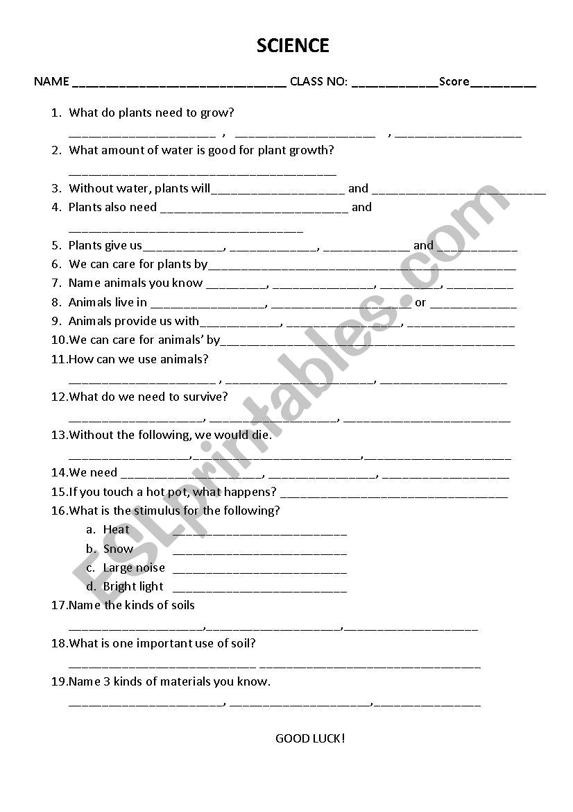 Science Questions worksheet