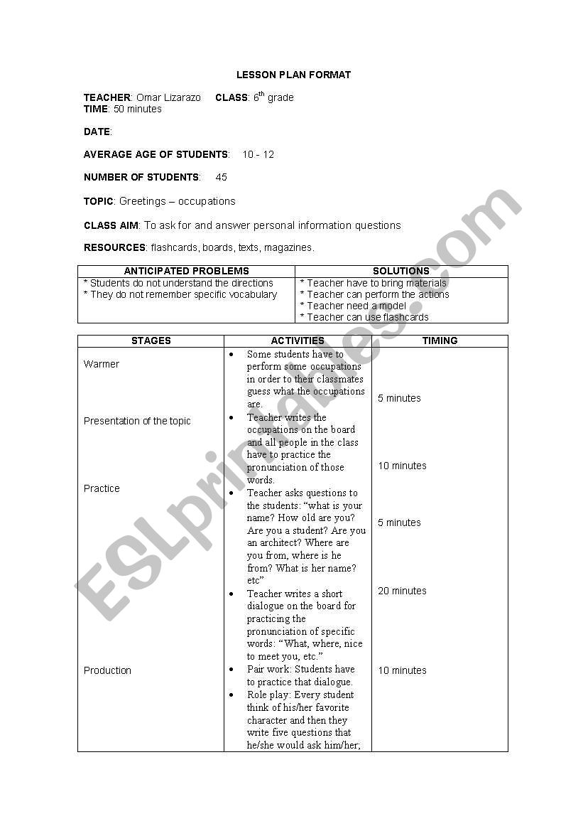 Greetings - Occupations worksheet