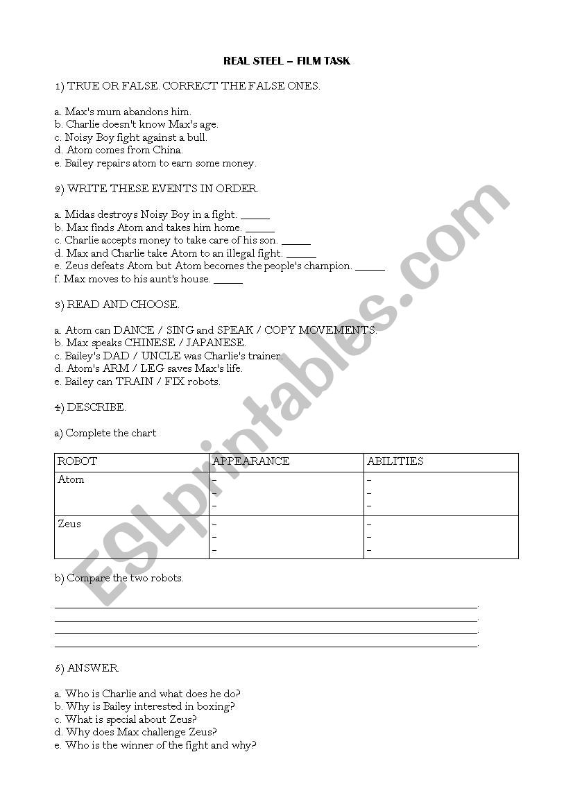 Real Steel - Film worksheet worksheet