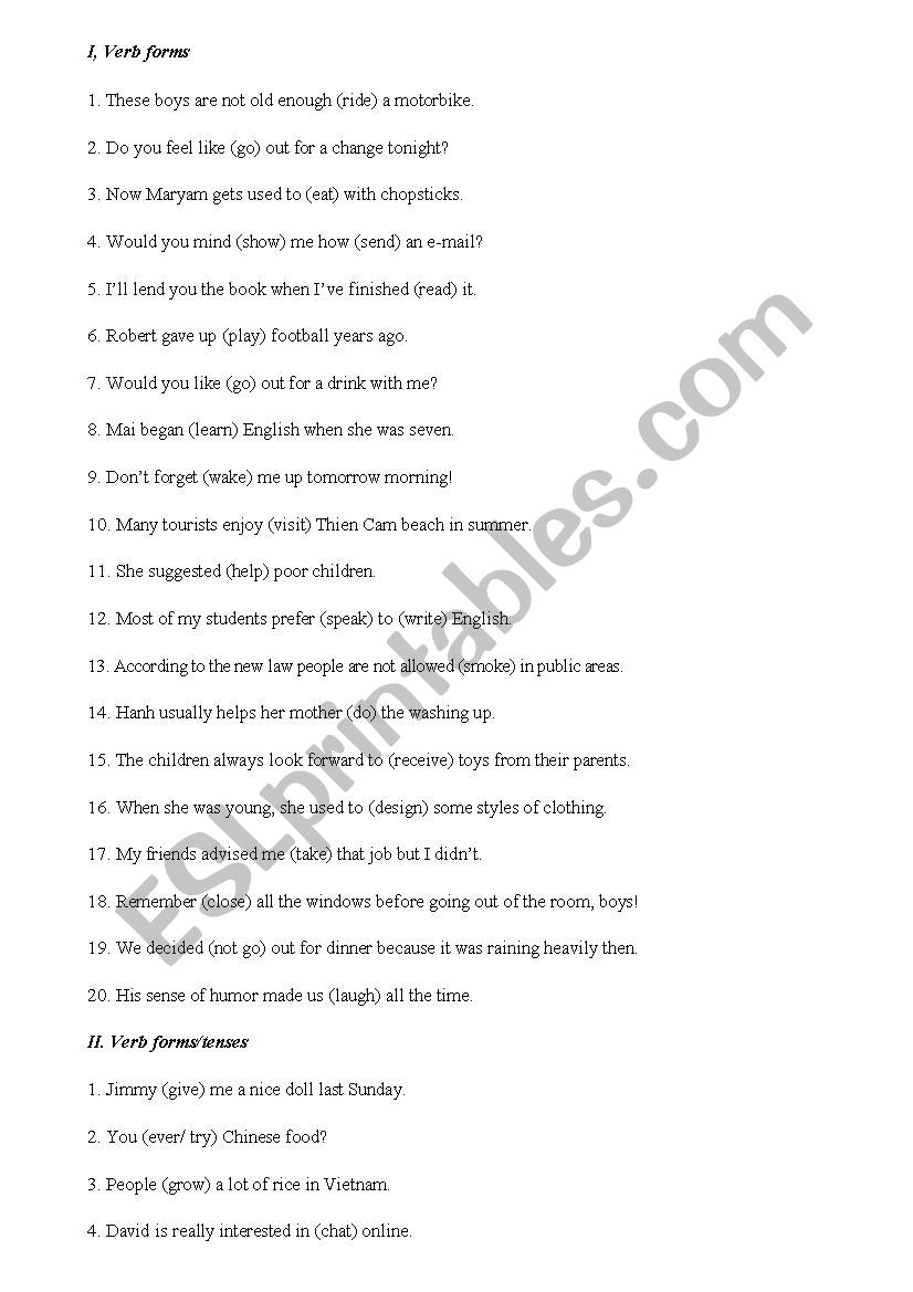 Verb forms and tenses worksheet