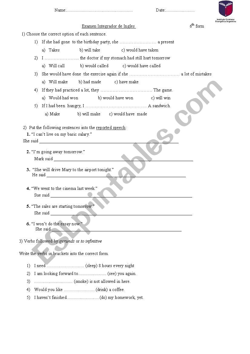 Integrative test worksheet