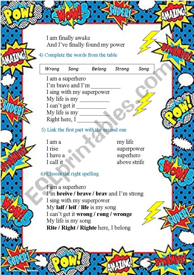 Superhero song - ESL worksheet by emorel14