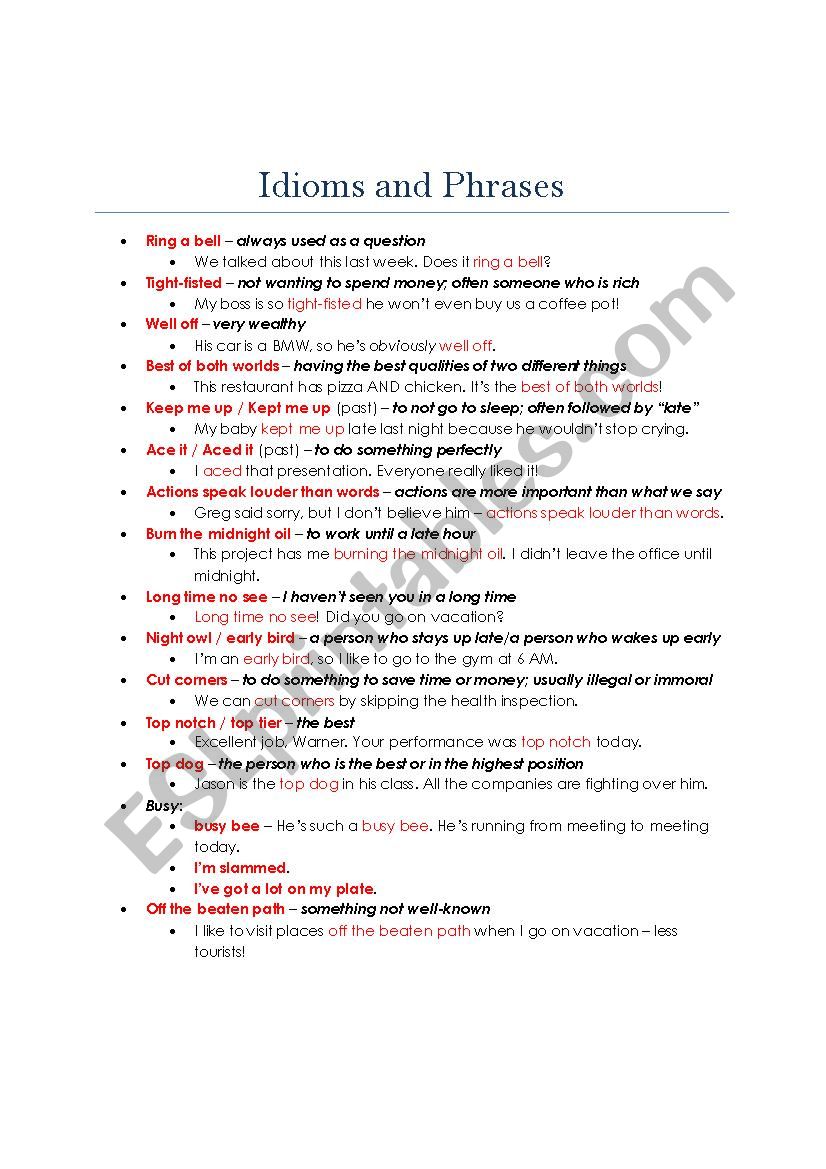 Idioms and Phrases worksheet