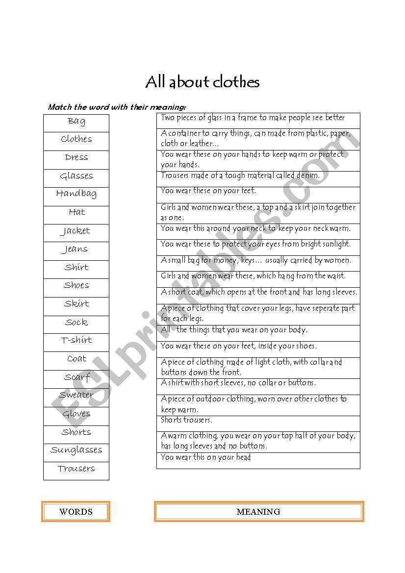 All about clothes worksheet