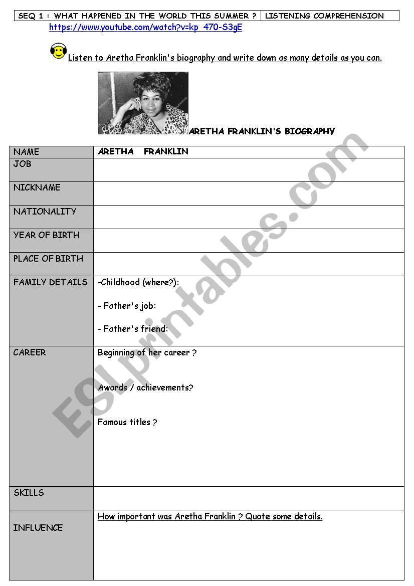 Aretha Franklin´s Biography - ESL Worksheet By Dogcatfish