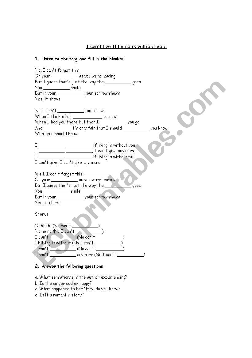 english-worksheets-i-can-t-live-if-living-is-without-you