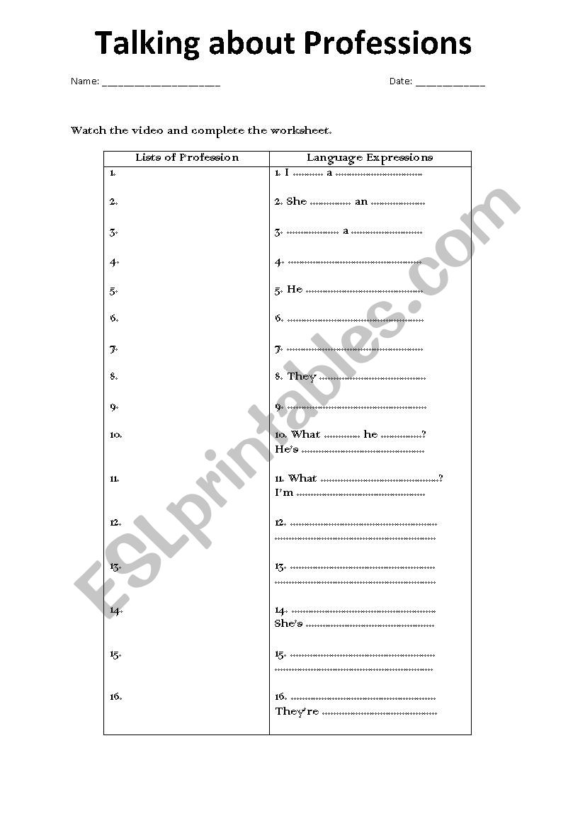 Talking about Jobs worksheet