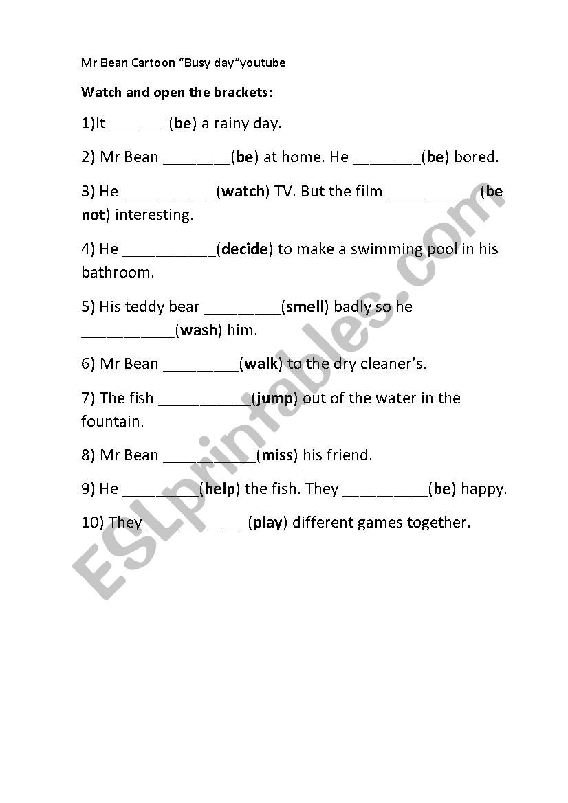 Video worksheet Mr Bean cartoon 